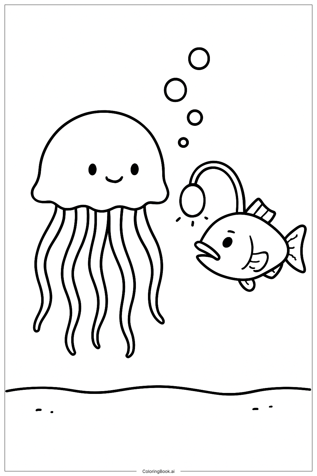  クラゲとランタンフィッシュの塗り絵ページ 