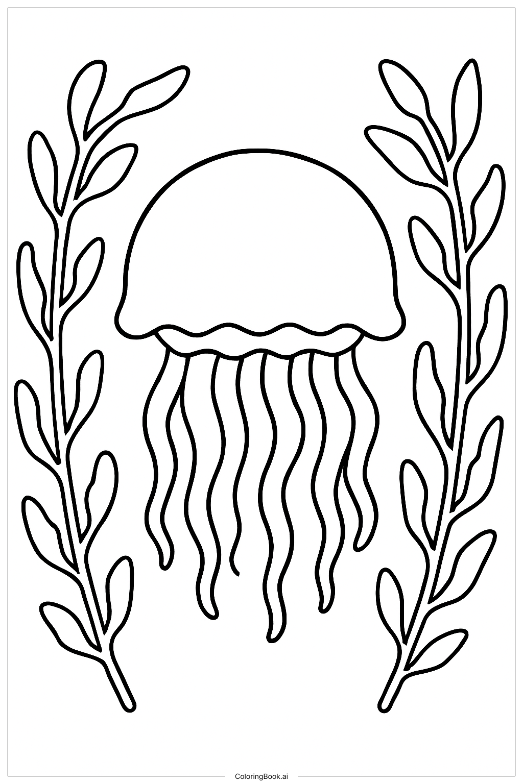  海藻の枠に囲まれたクラゲの塗り絵ページ 