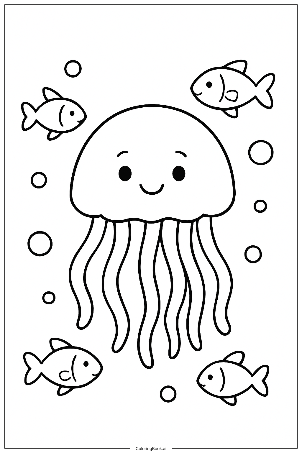  Page de coloriage Méduse avec petits poissons amis 