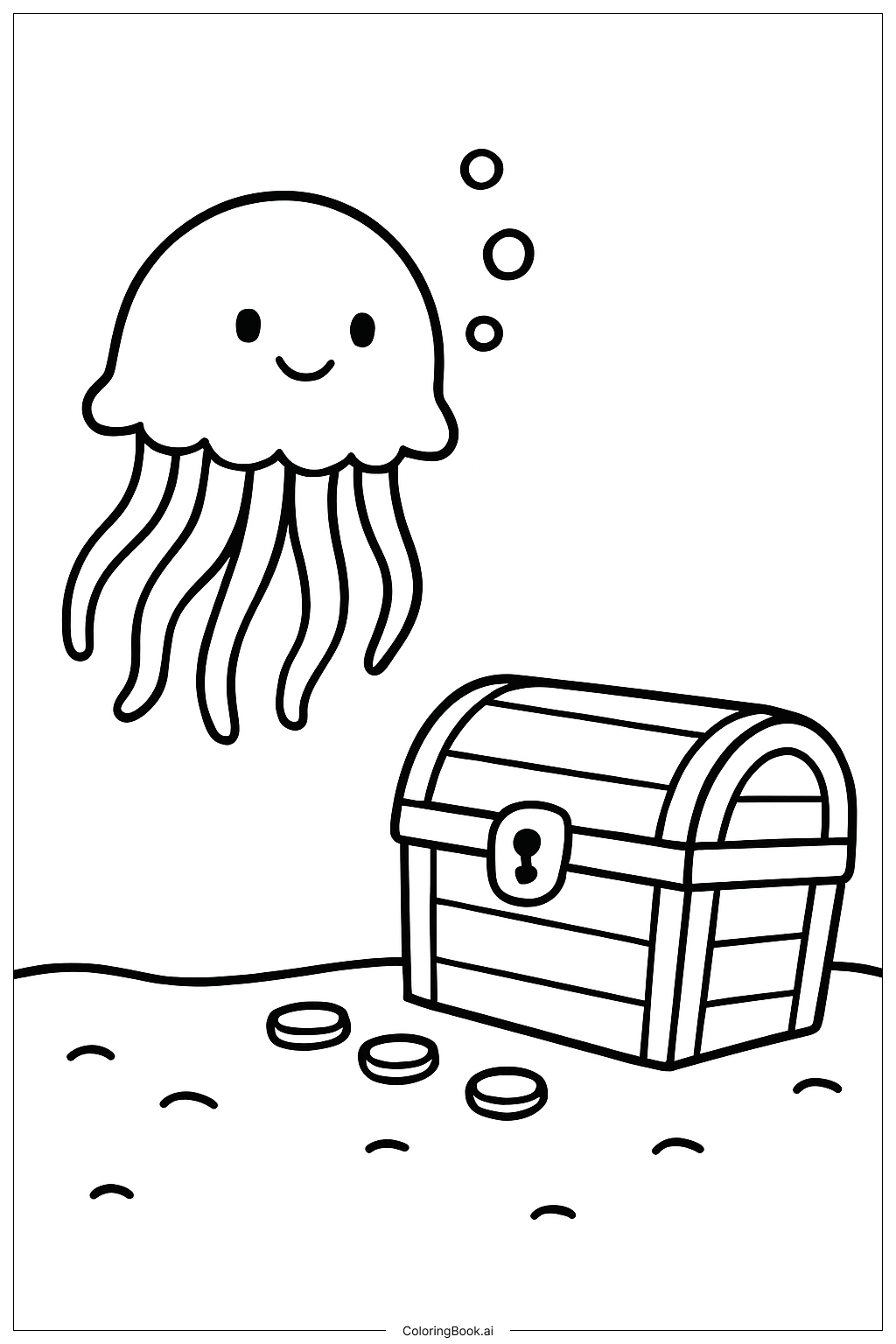  Page de coloriage Méduse avec coffre au trésor 