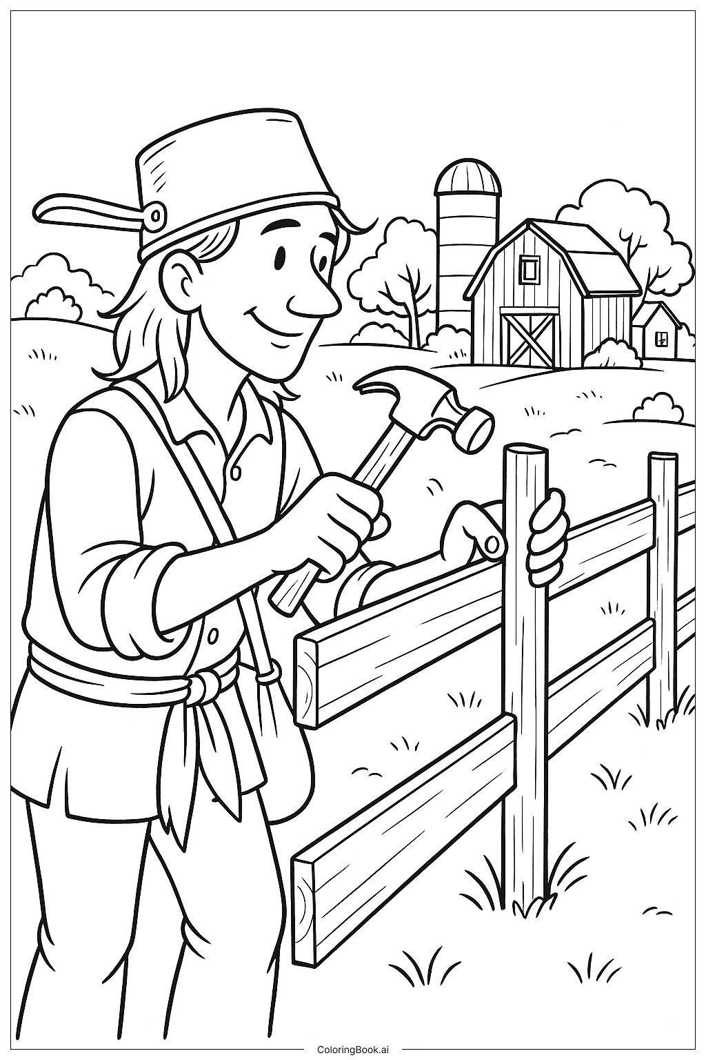  Página para colorear de Johnny Appleseed Construyendo una Cerca de Madera 