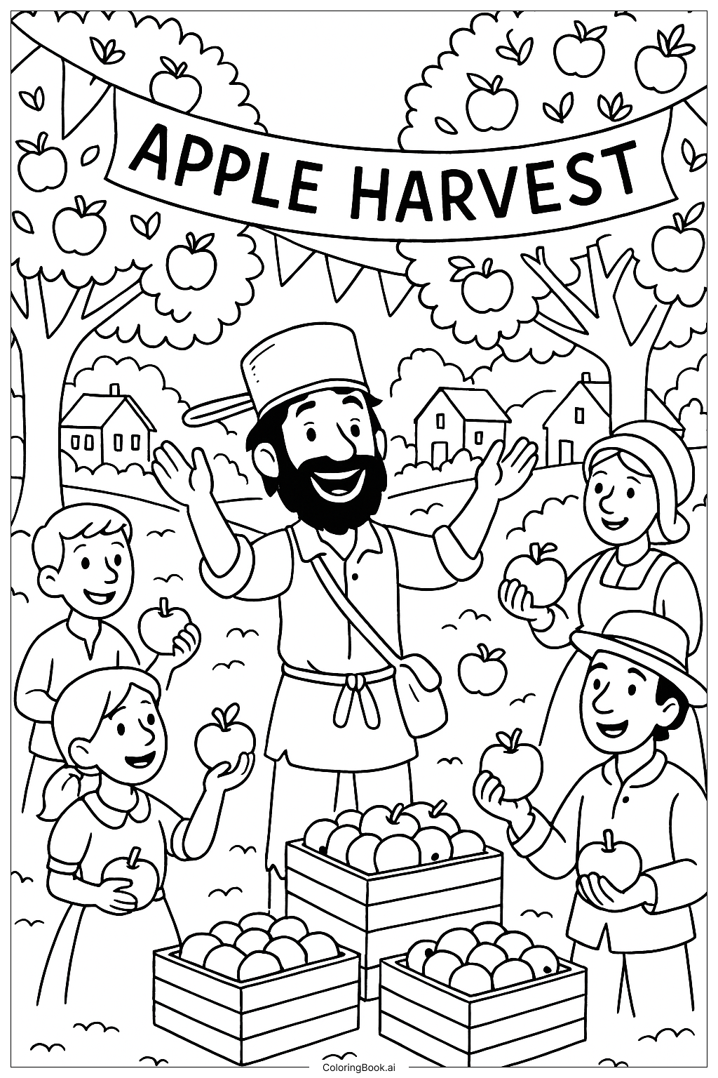  约翰尼·苹果种子庆祝苹果丰收节填色页 
