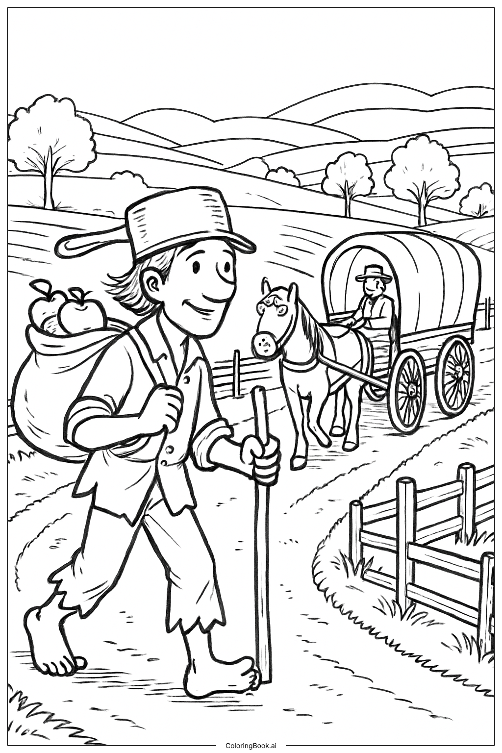  乡村路上推着马车的约翰尼·苹果籽填色页 