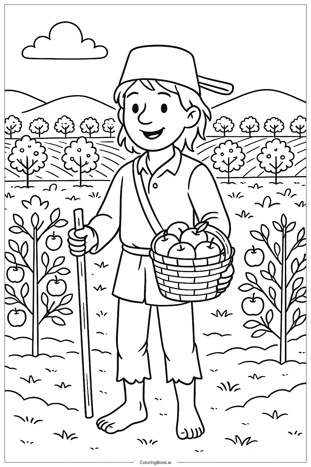  约翰尼种苹果园里好多树填色页 