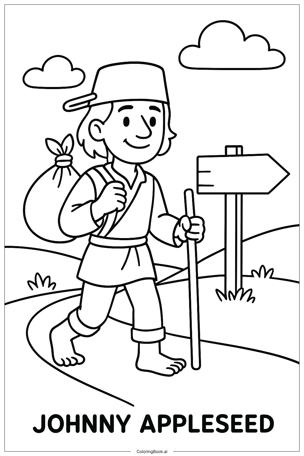  Johnny Appleseed hält auf einer Landstraße an Ausmalseite 
