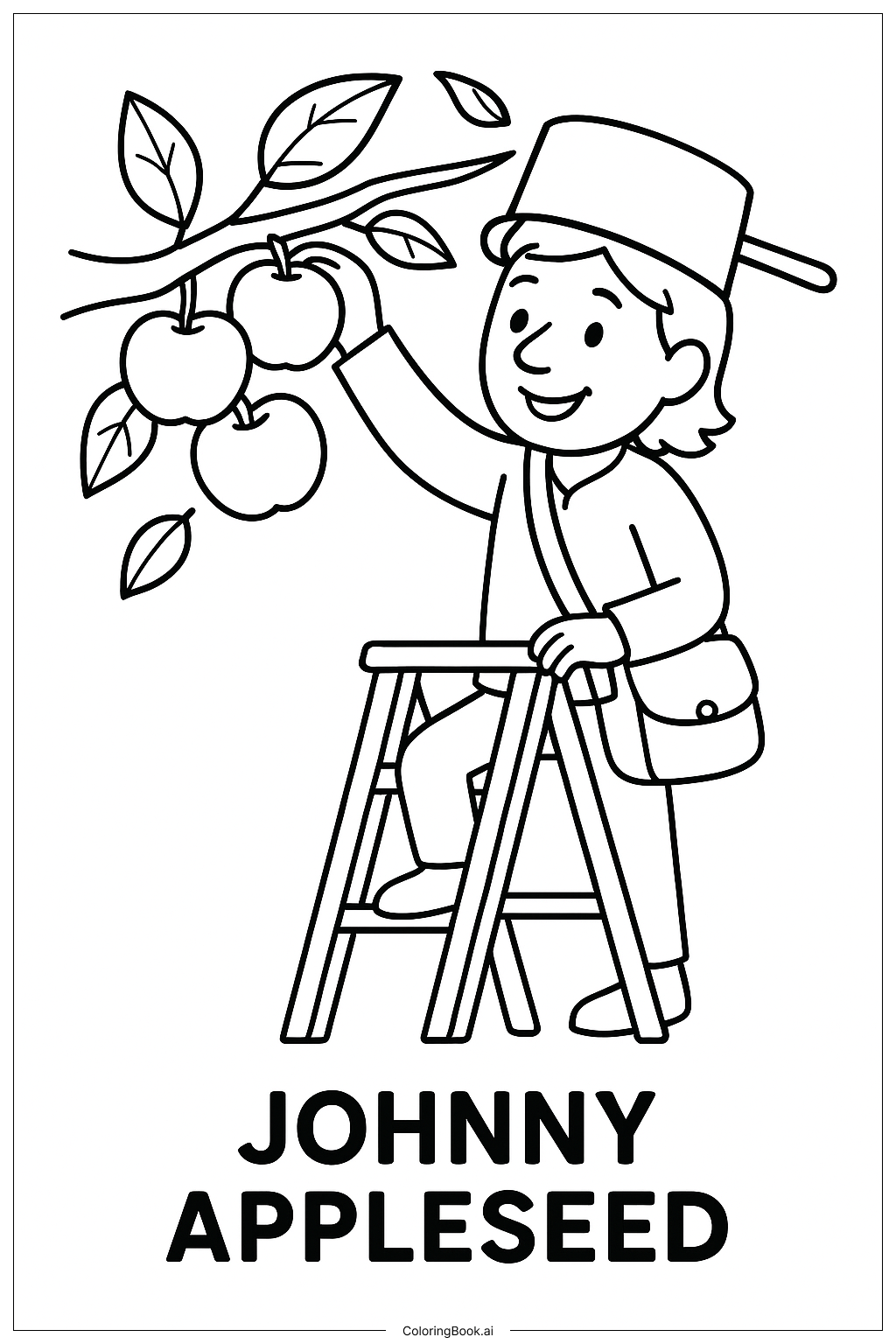  Johnny Appleseed pflückt Äpfel von einem tiefen Ast Ausmalseite 