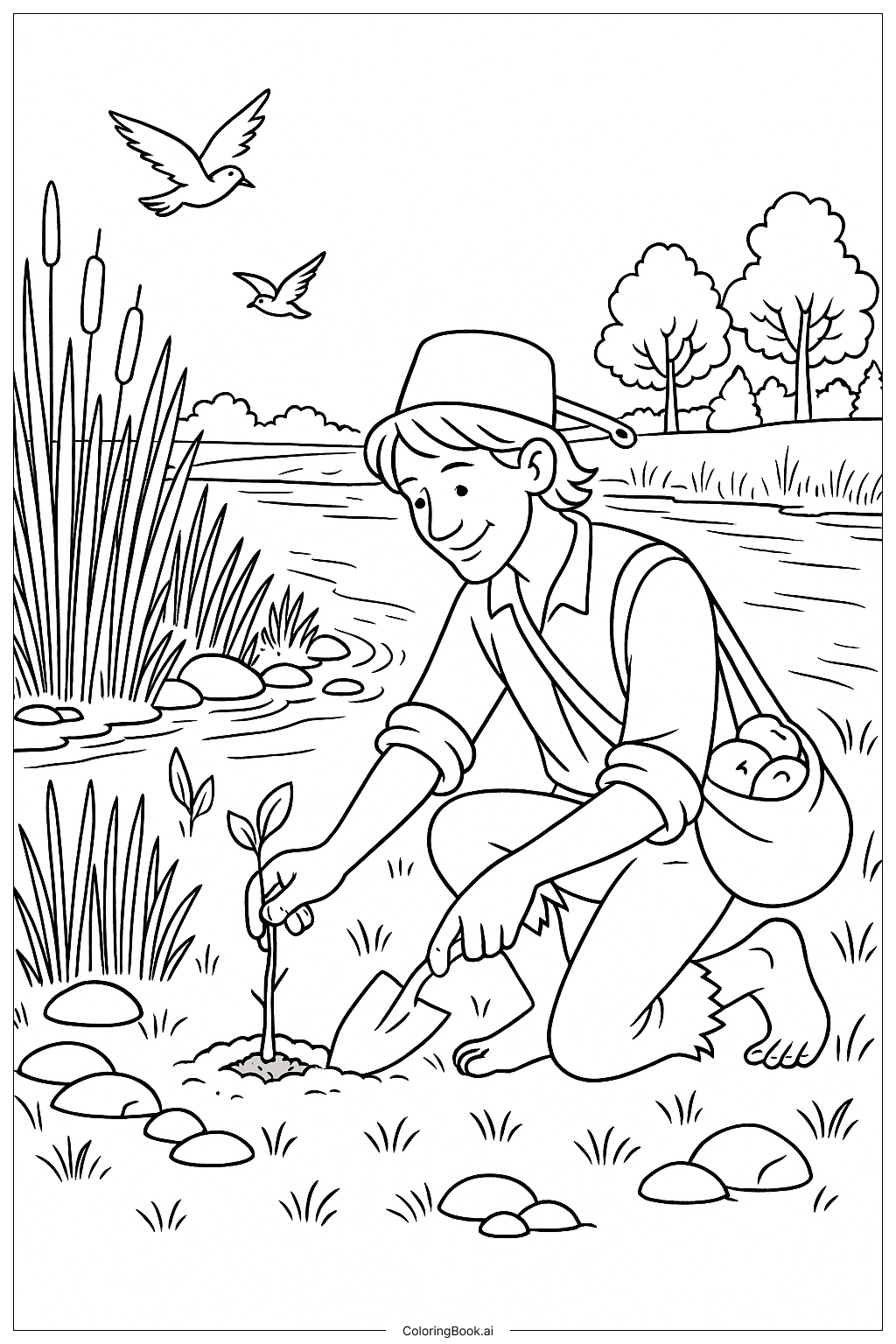  约翰尼·苹果种子河岸种树填色页 