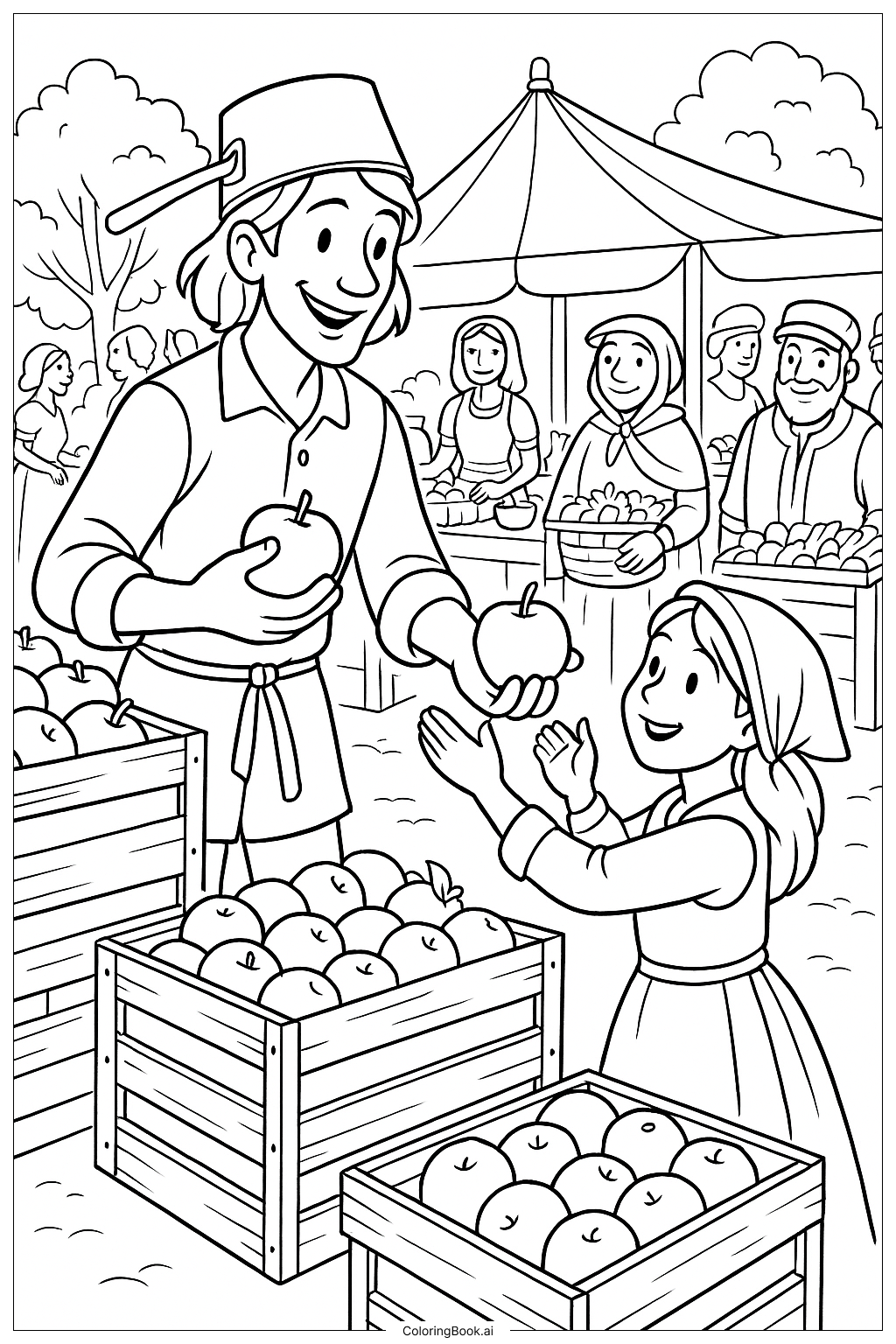  Página para colorear de Johnny Appleseed compartiendo manzanas en el mercado 