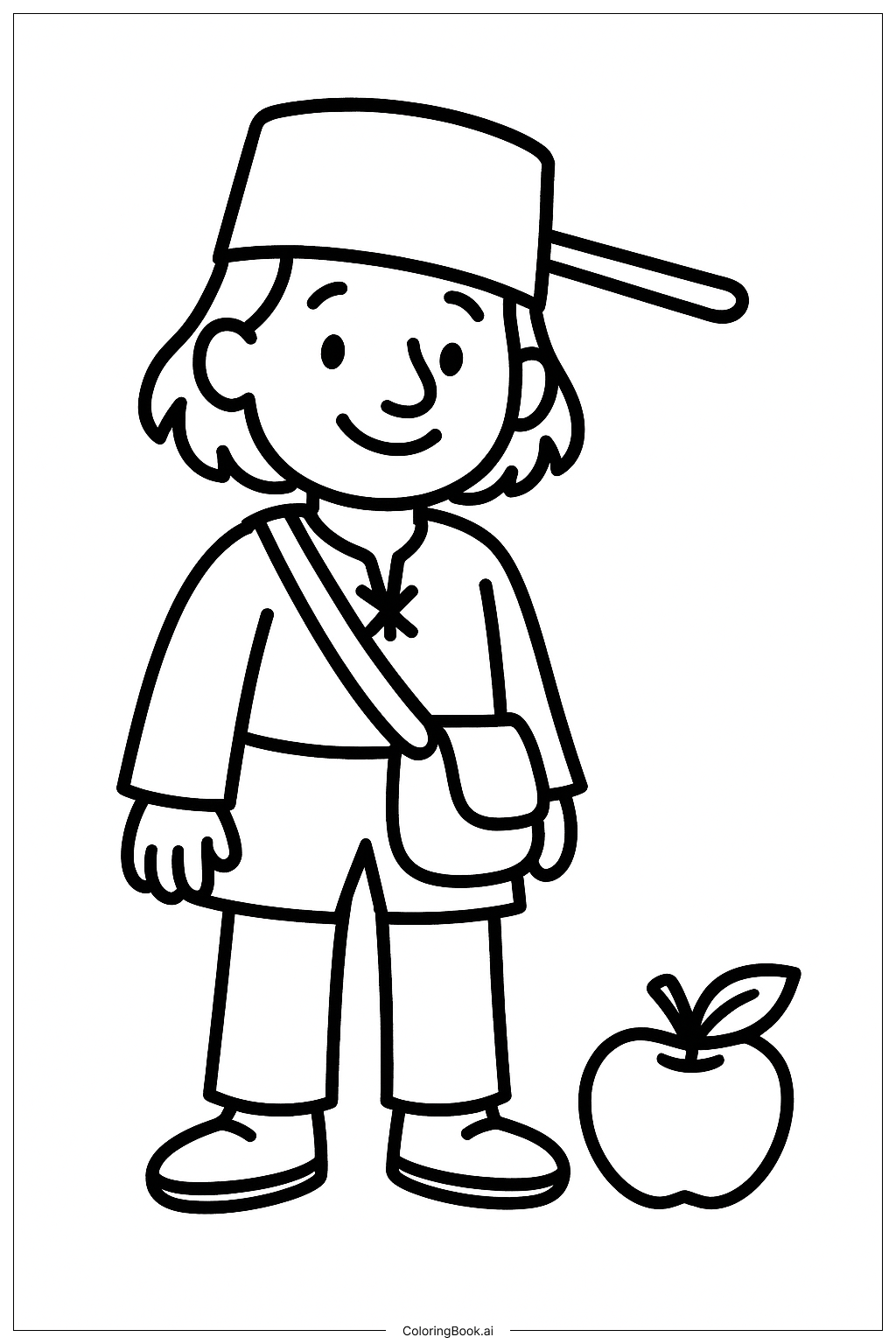  Johnny Appleseed steht neben einem Apfel Ausmalseite 