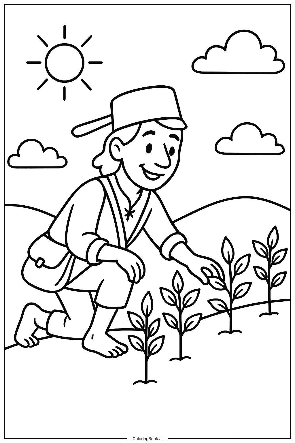  Trang tô màu Johnny Appleseed Chăm Sóc Cây Non Trên Cánh Đồng 