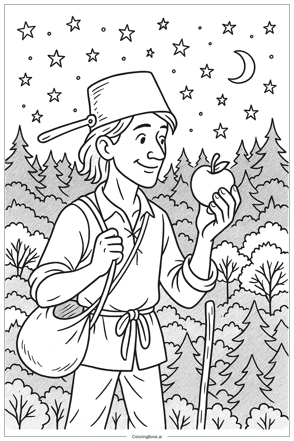  星空下的约翰尼种苹果填色页 