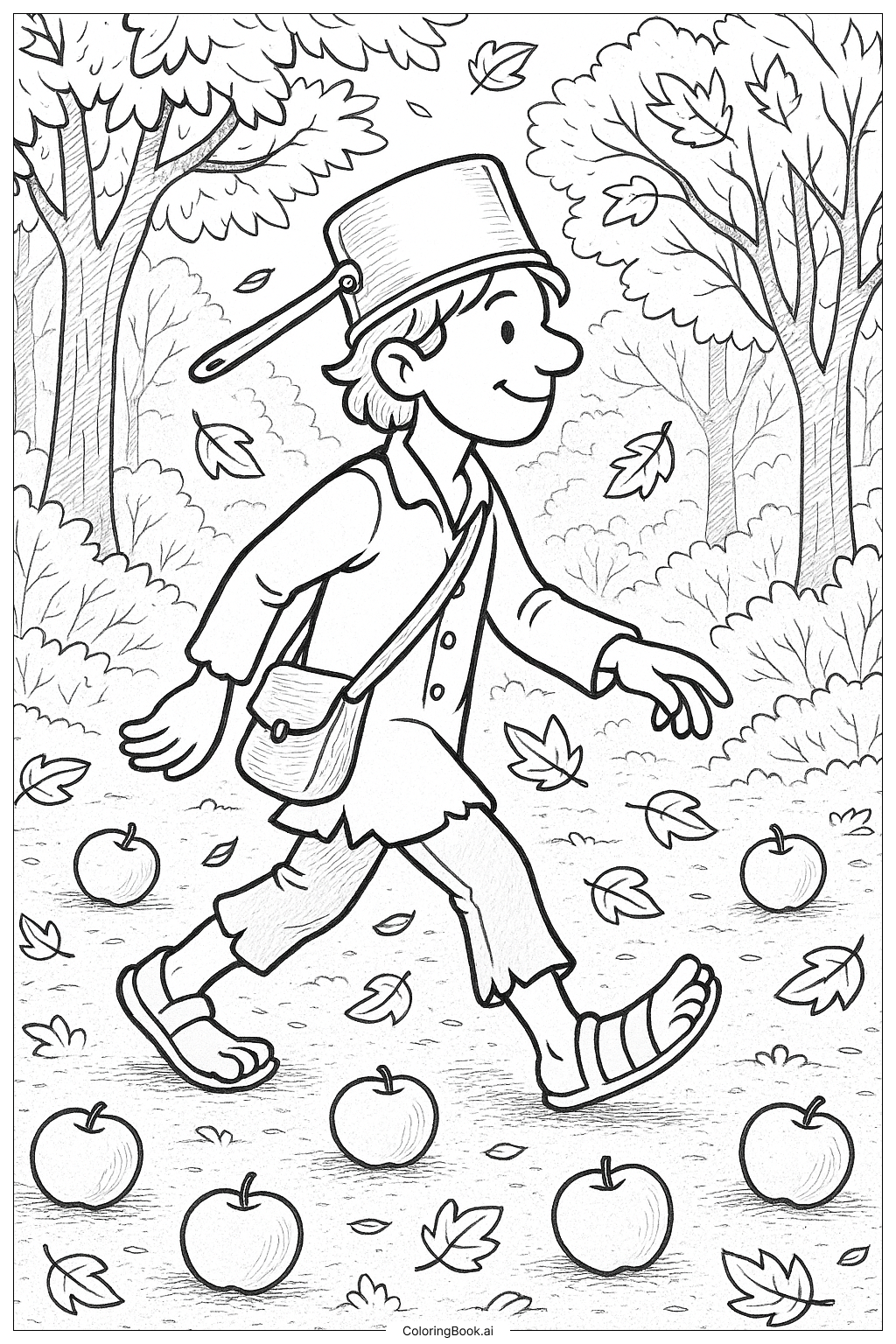  Página para colorear de Johnny Appleseed caminando entre hojas de otoño 