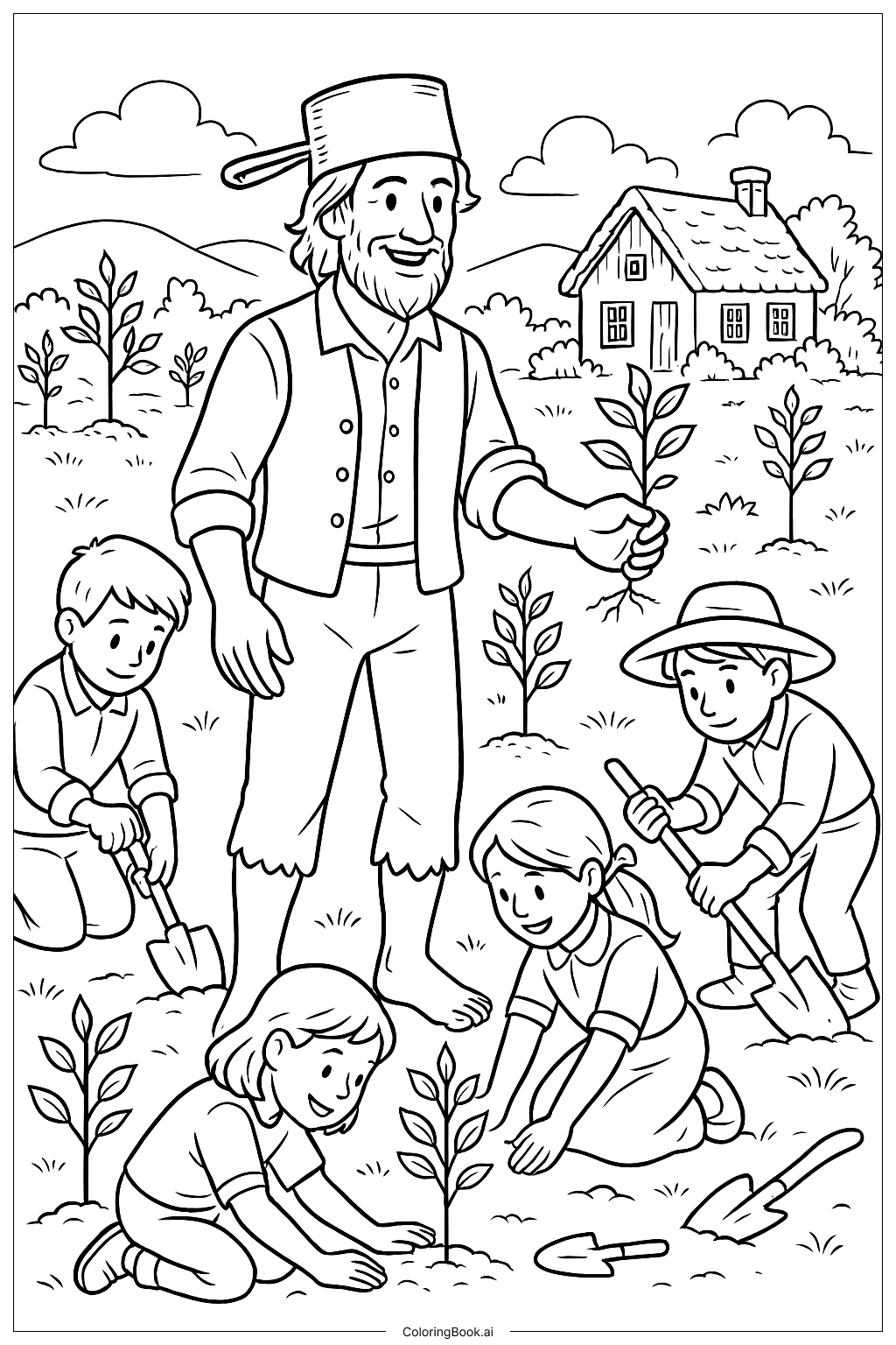  Página para colorear de Johnny Appleseed con niños alrededor de los plantones 