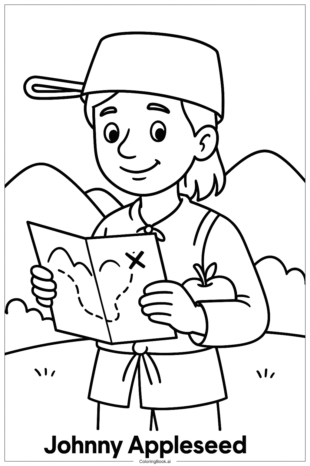  Johnny Appleseed mit Karte und Hut Ausmalseite 