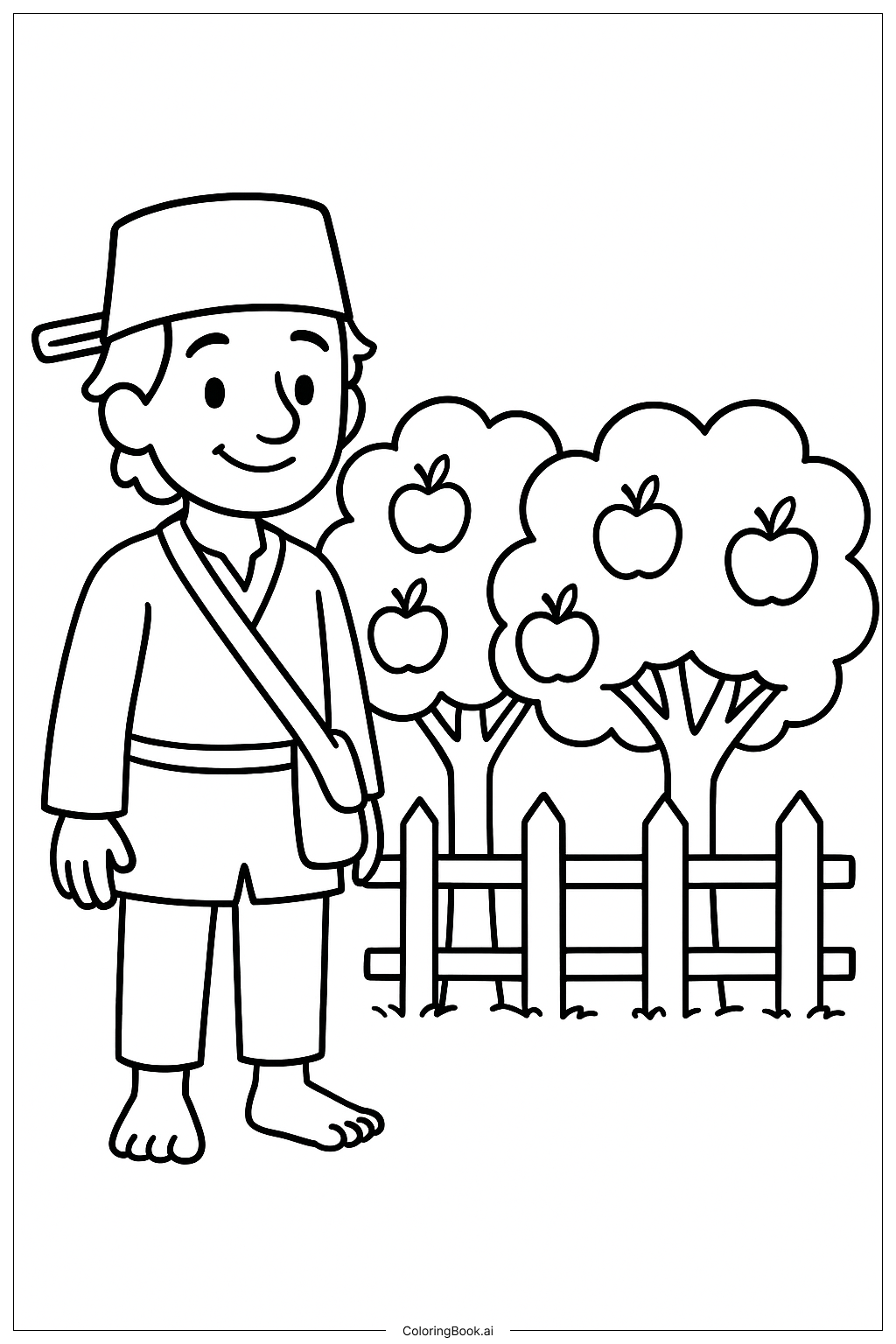  約翰尼蘋果種子與一排樹木著色頁 