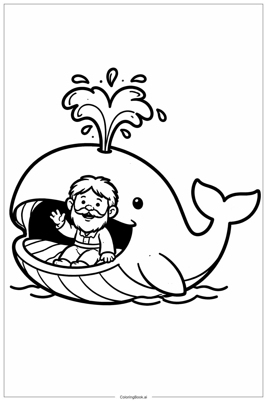  요나와 고래가 물을 뿜는 장면 색칠공부 페이지 