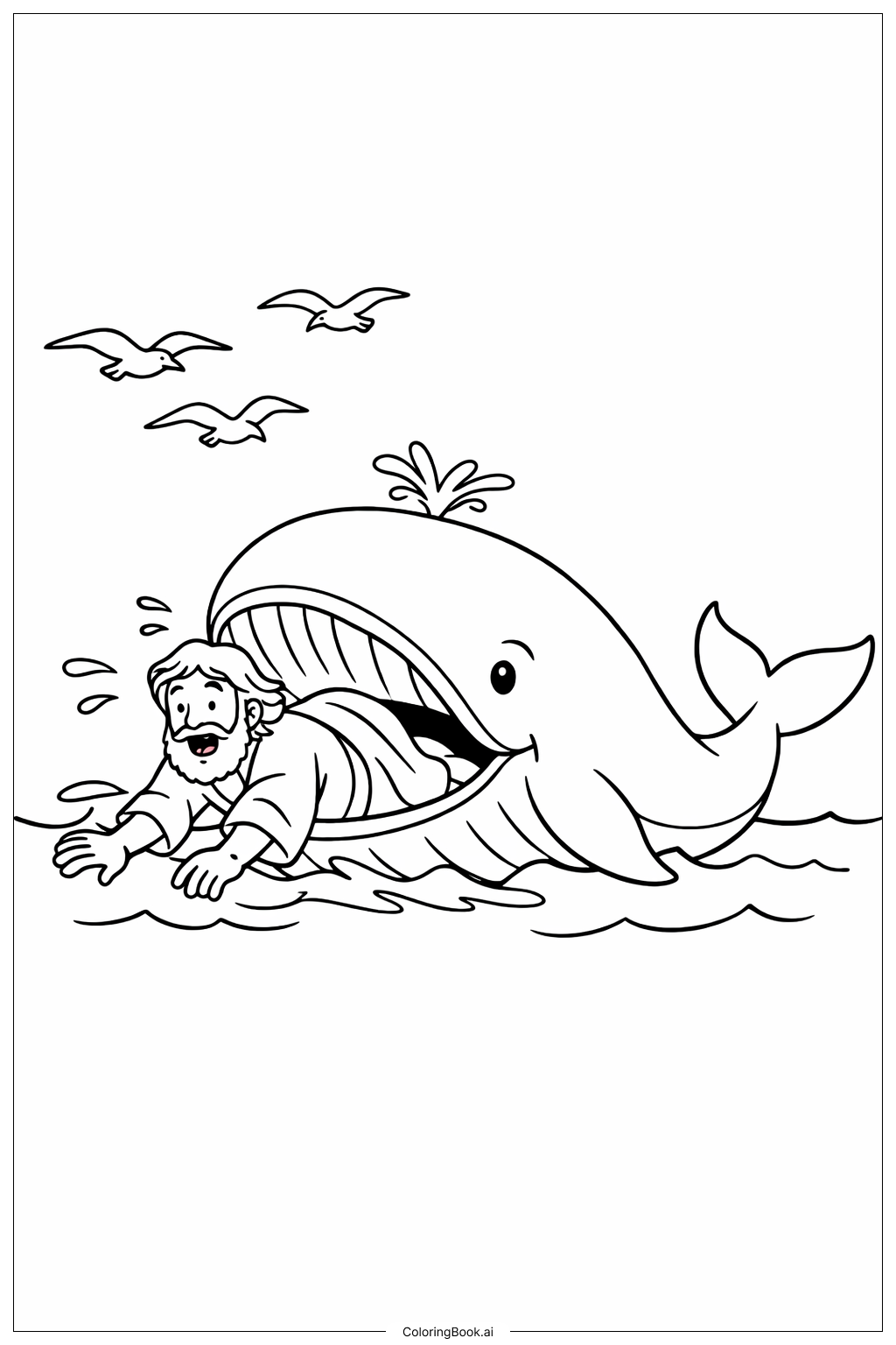  요나와 고래를 따라가는 갈매기들 색칠공부 페이지 