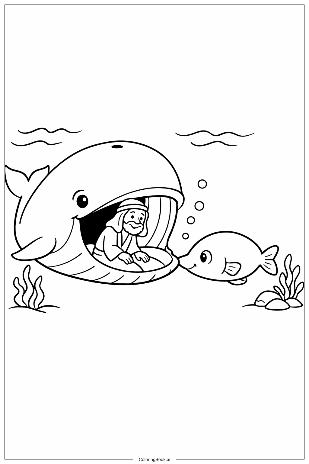  約拿與鯨魚幫助魚兒著色頁 