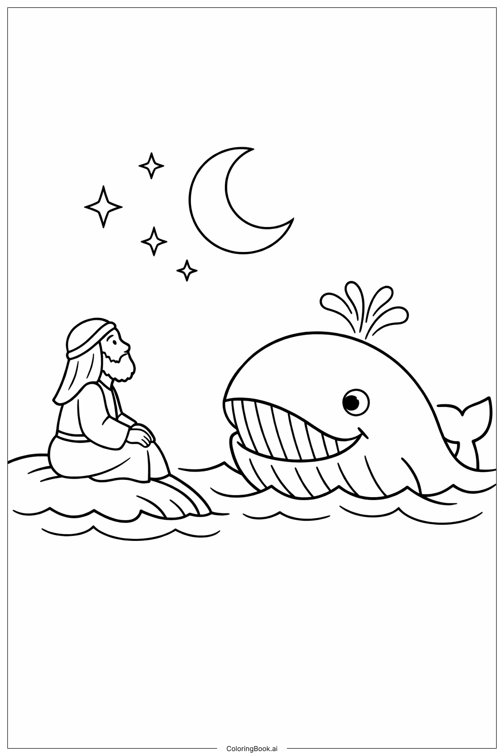  約拿與鯨魚望月著色頁 
