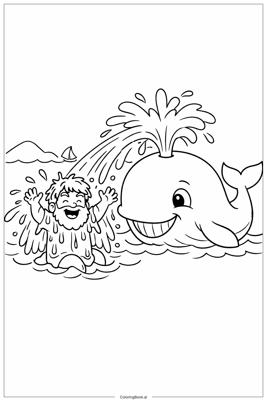  요나와 고래가 요나를 씻기는 장면 색칠공부 페이지 