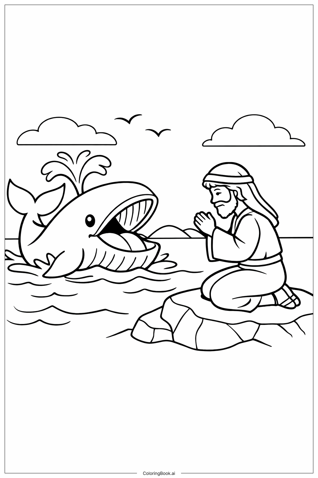  約拿與鯨魚，約拿禱告中著色頁 