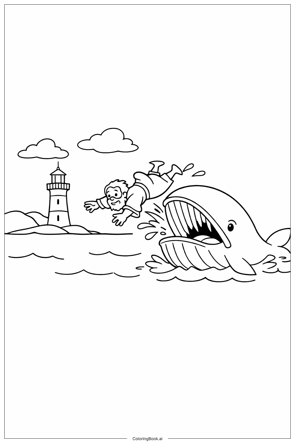  約拿與鯨魚與燈塔著色頁 