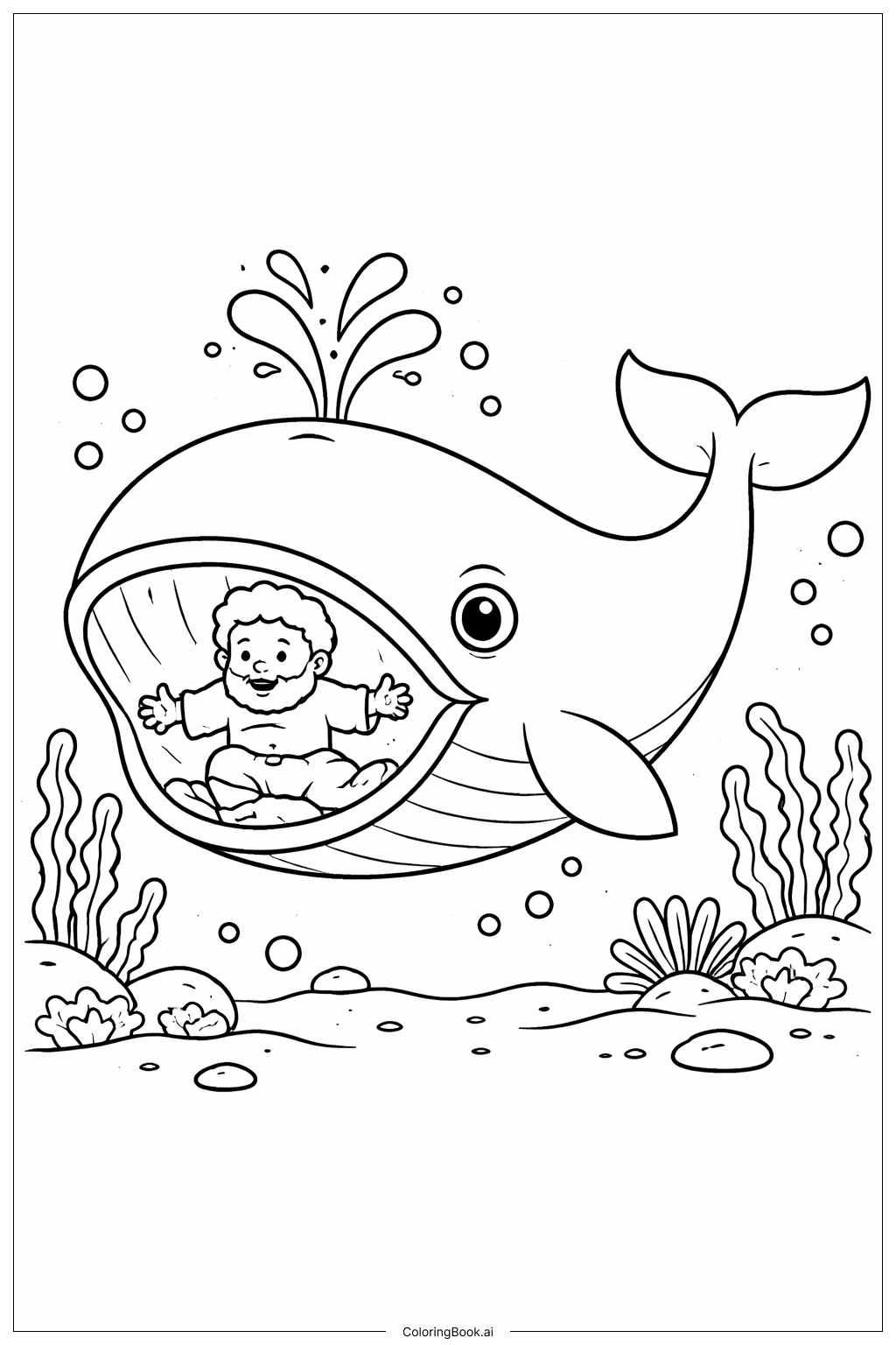  约拿和鲸鱼与海洋植物著色頁 