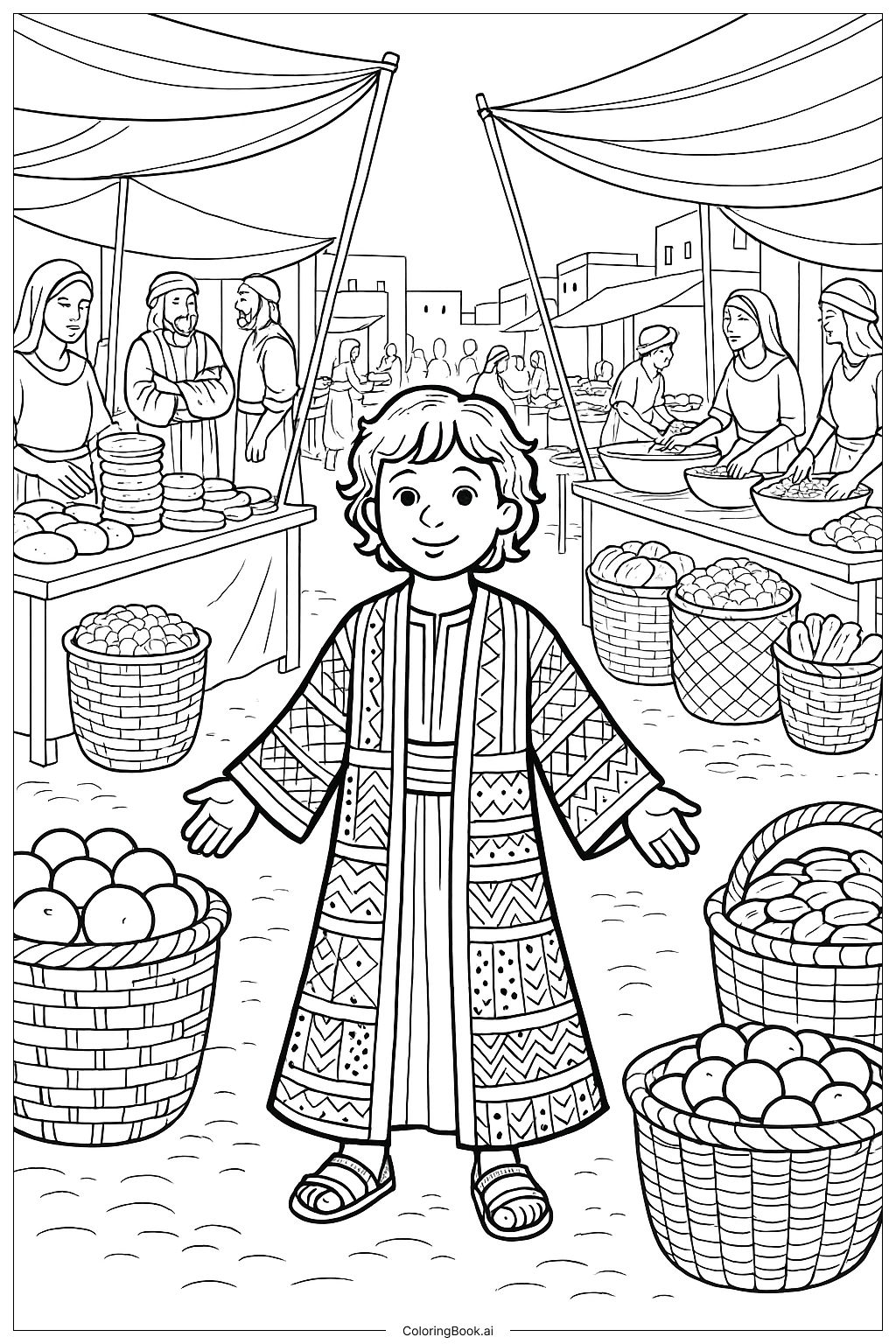  約瑟的彩色長袍市集場景著色頁 