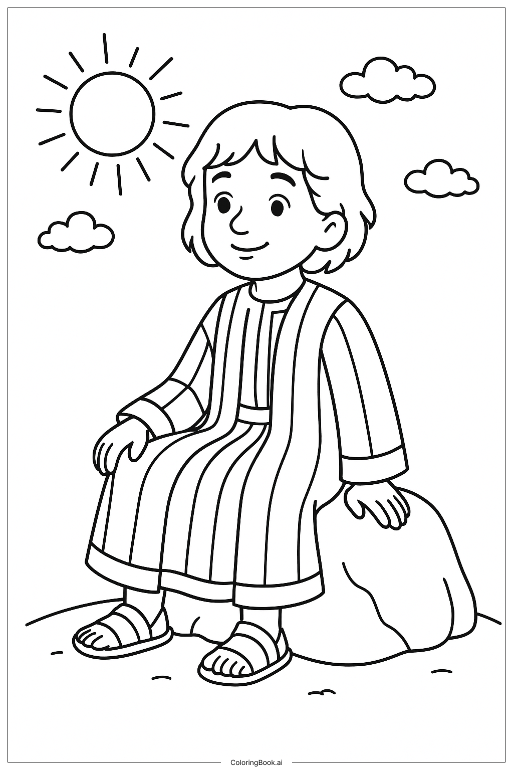 約瑟的七彩繽紛彩衣坐在岩石上