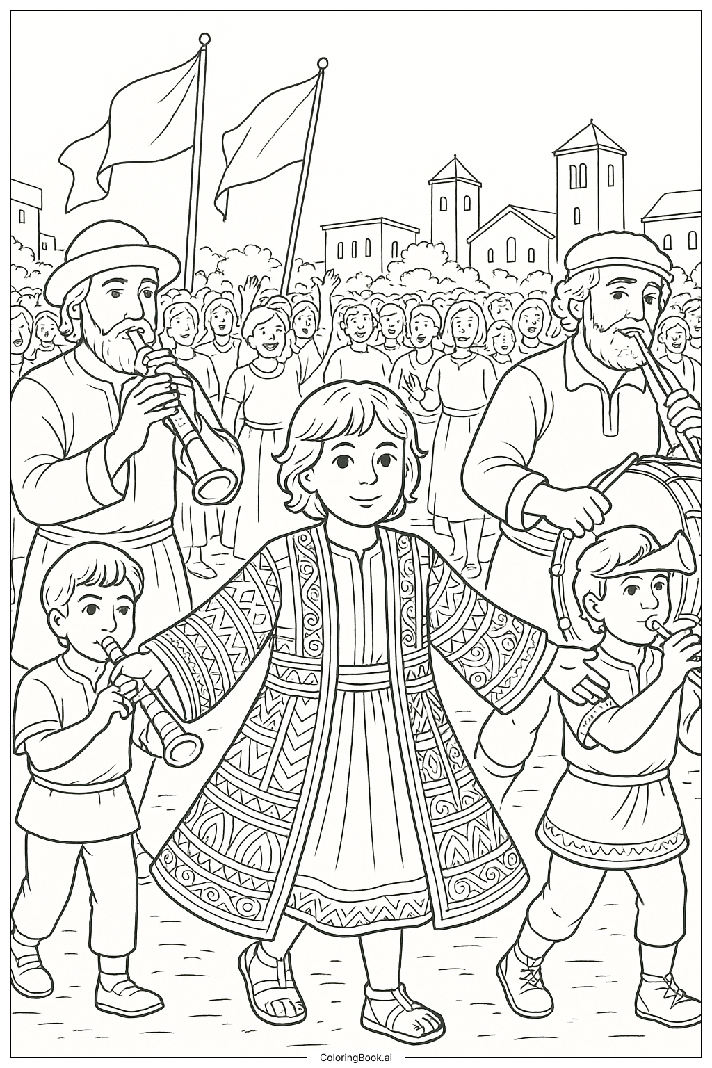 Page de coloriage Défilé du manteau de Joseph aux multiples couleurs