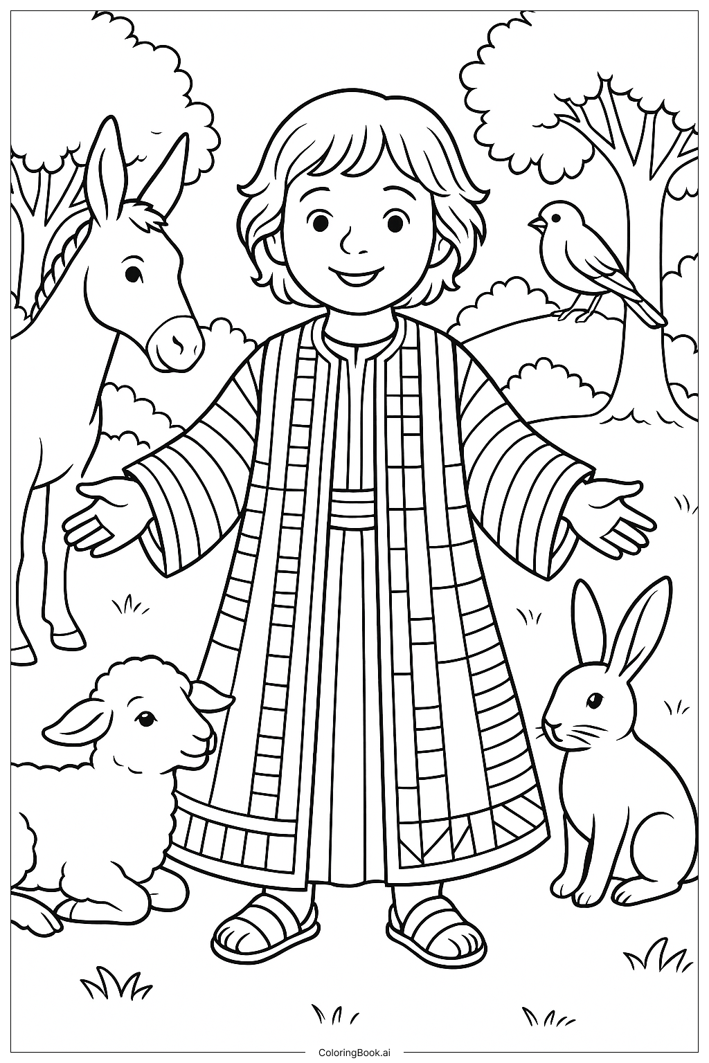 Trang tô màu Áo Joseph Nhiều Màu Với Các Loài Động Vật