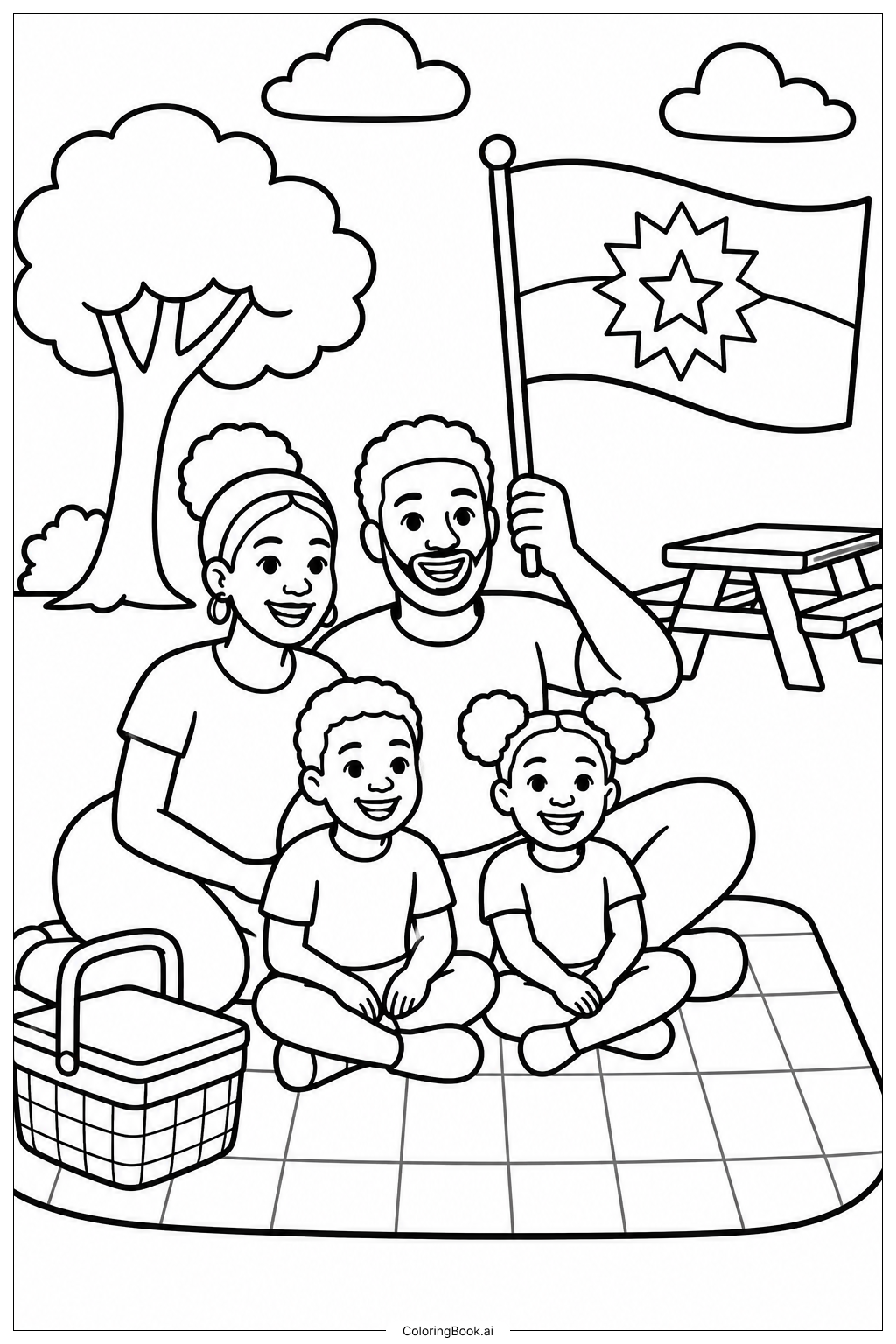 Juneteenth Flag Family Picnicの塗り絵ページ