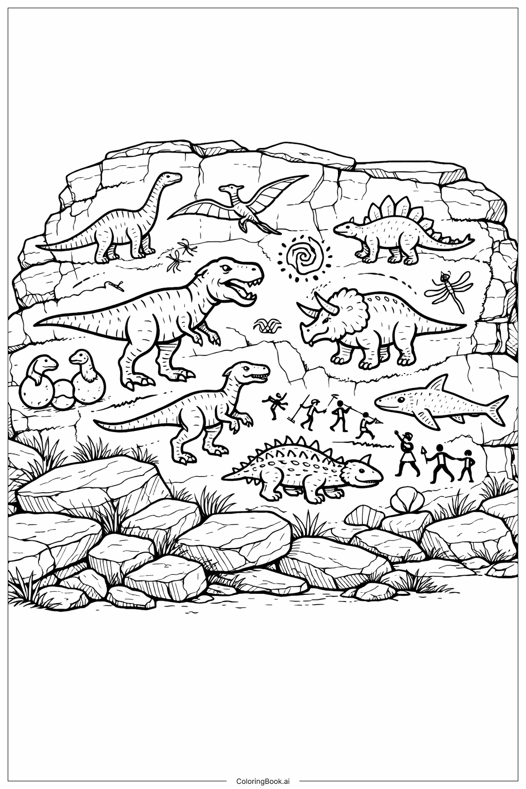  Page de coloriage Peintures rupestres anciennes du Jurassic Park 