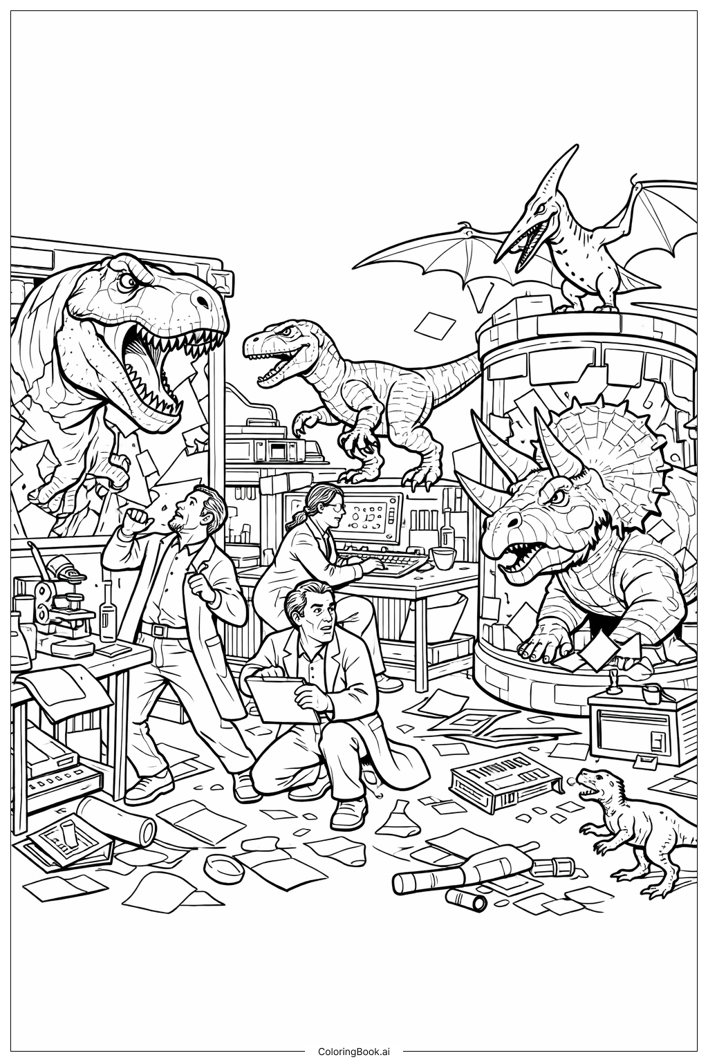  Página para colorir de Fuga do Laboratório Jurassic Park 