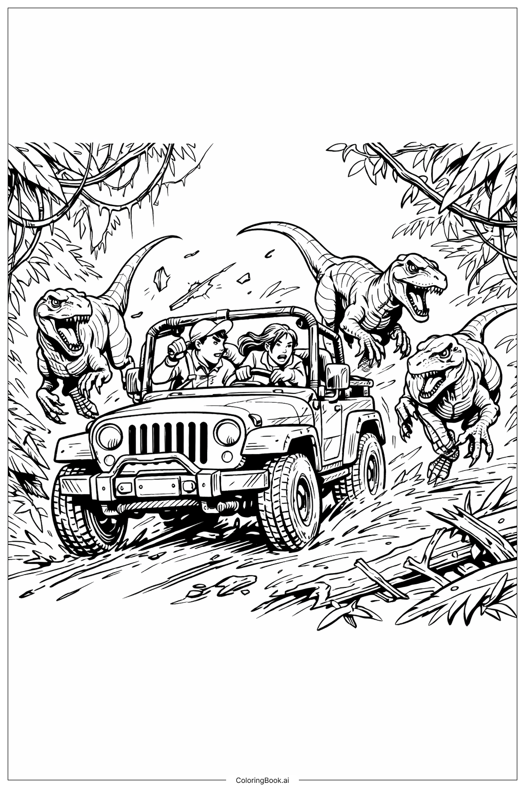  Página para colorir de Perseguição do Raptor no Jurassic Park 