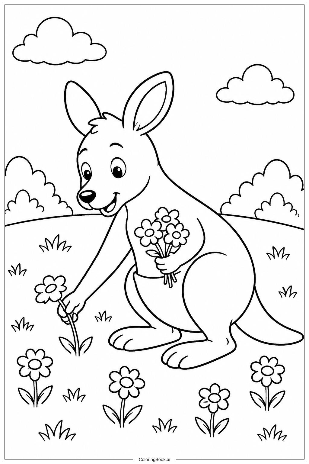  Página para colorear de Canguro Recogiendo Flores 