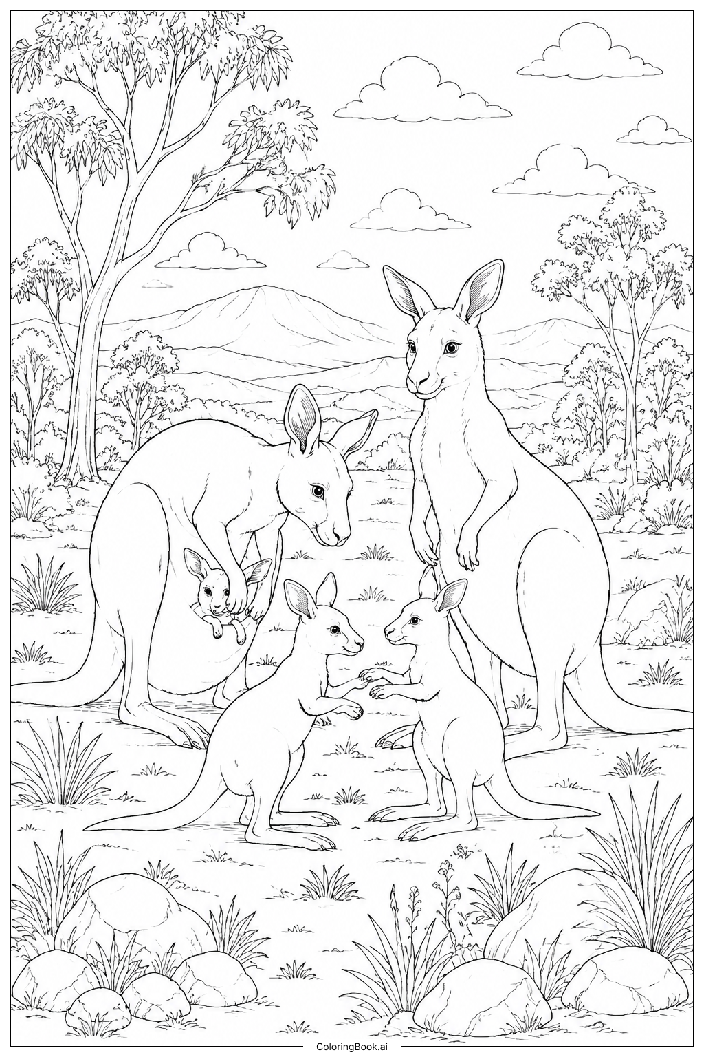  Kangaroo Family Scene Coloring Page 