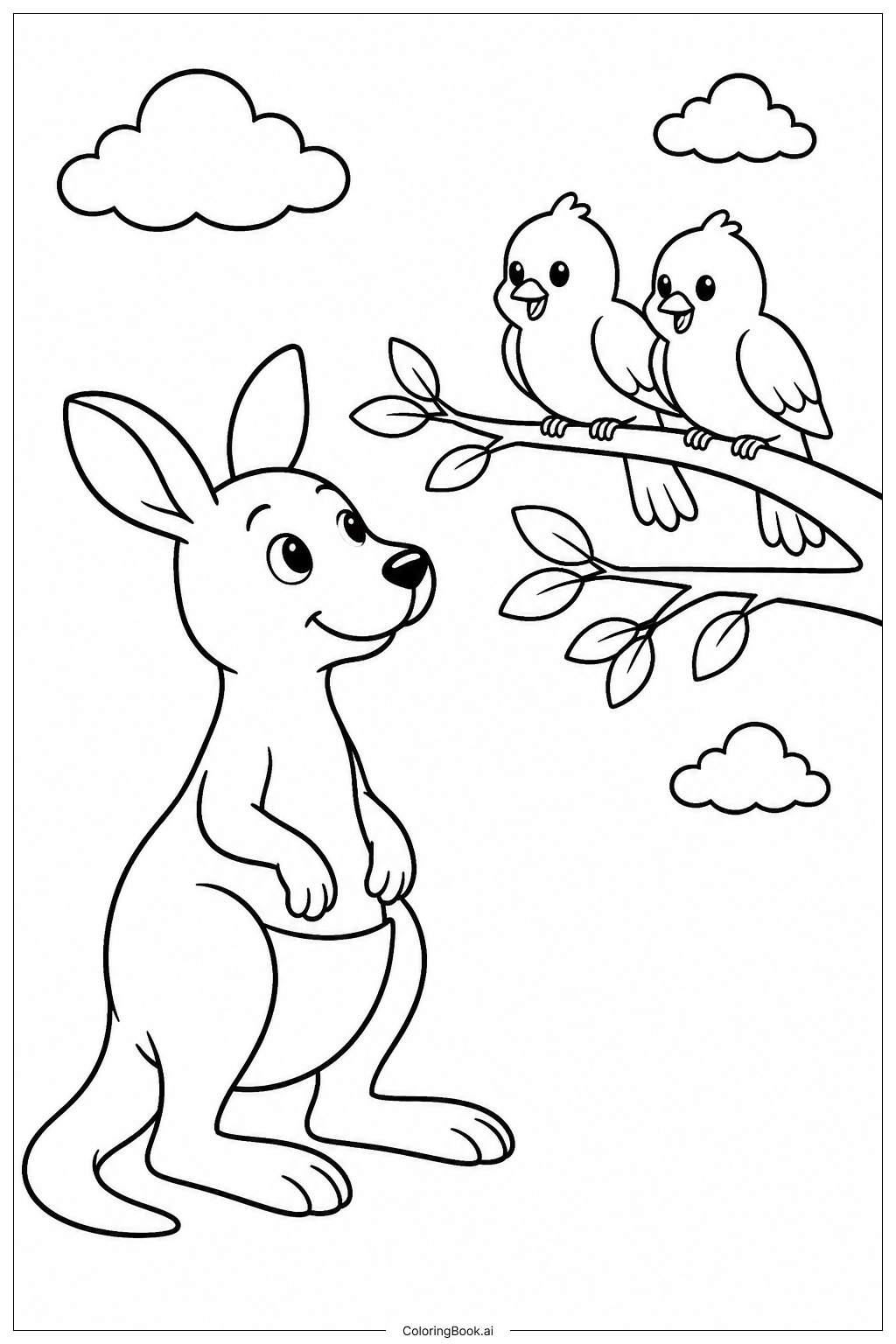  Página para colorear de Canguro mirando pájaros 