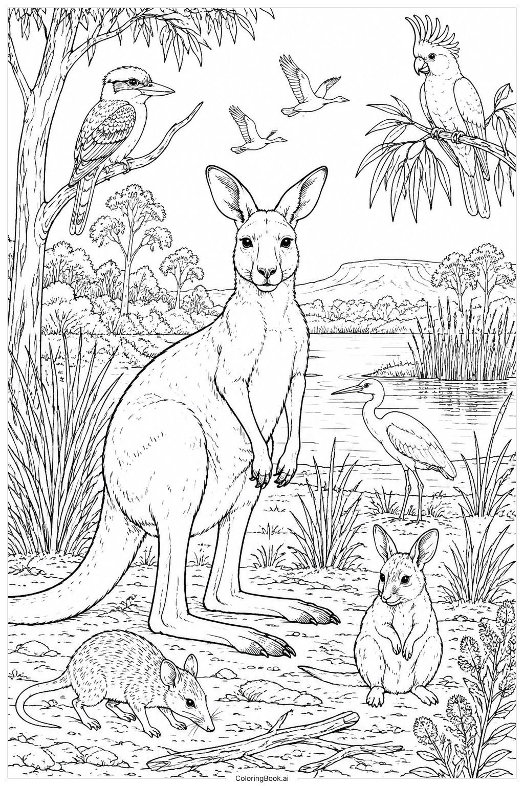  Kangaroo Wildlife Scene Coloring Page 