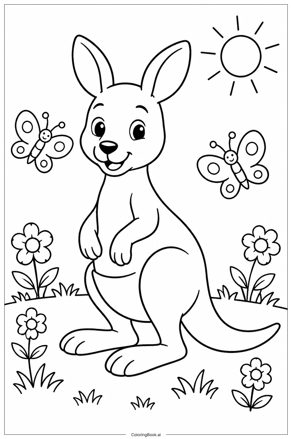  Página para colorir de Canguru com Borboletas 