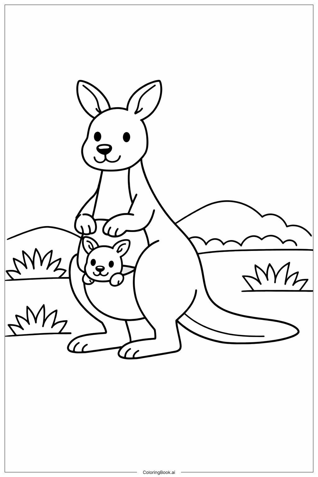  子カンガルーと一緒のカンガルー 動物ぬりえの塗り絵ページ 