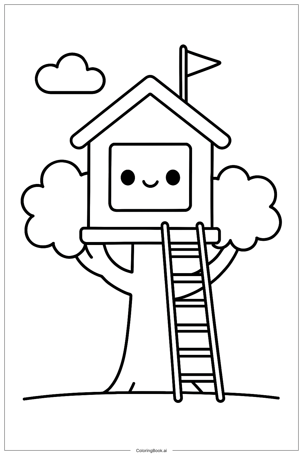  Página para colorear de Casa del árbol Kawaii 