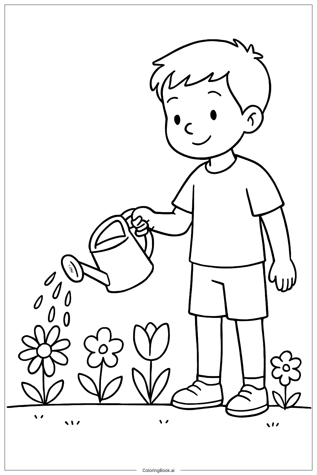  Kids Watering Flowers Coloring Page 