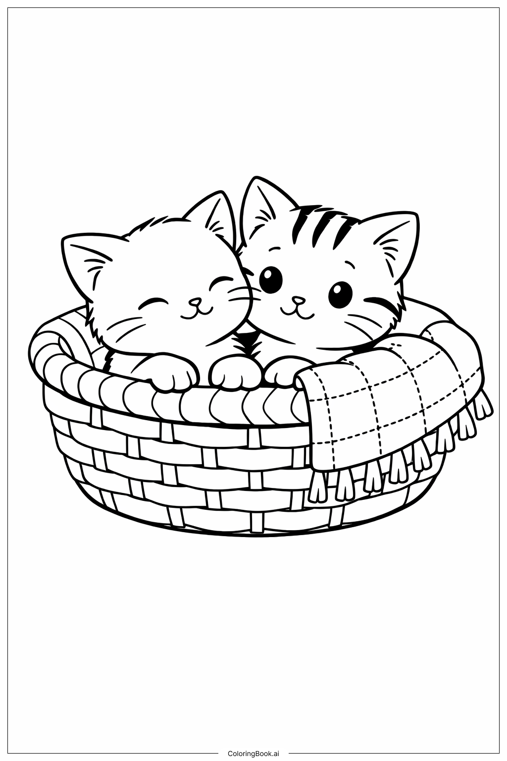  Trang tô màu Những chú mèo con trong giỏ cùng chăn 