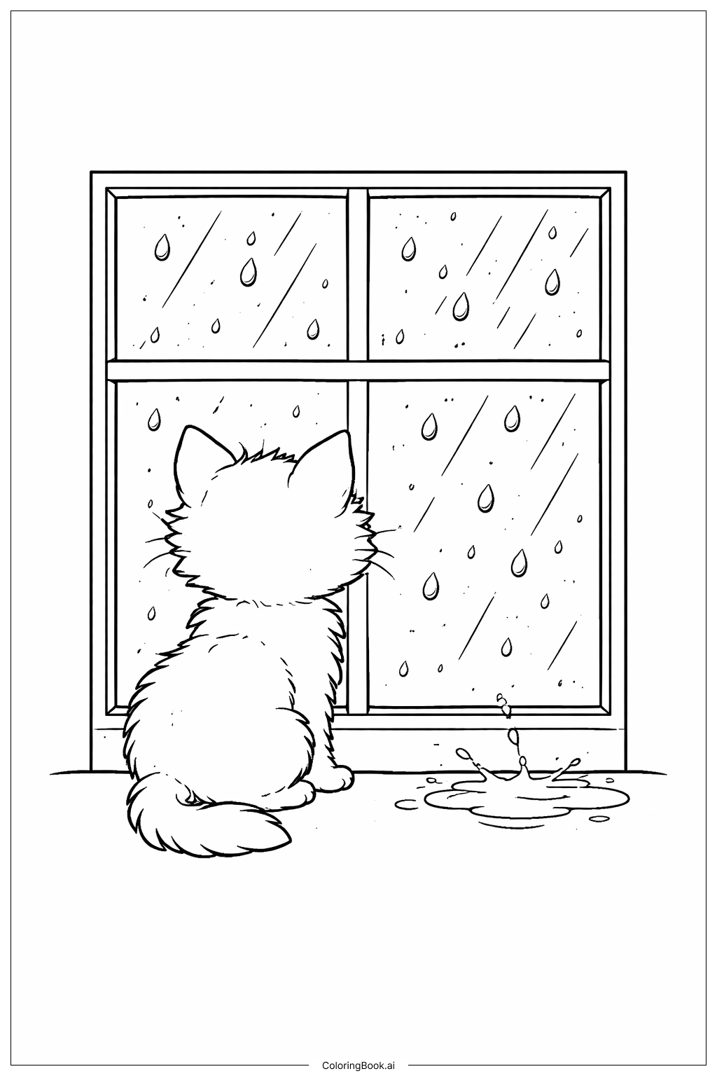  Trang tô màu Những chú mèo con ngắm cửa sổ mưa 