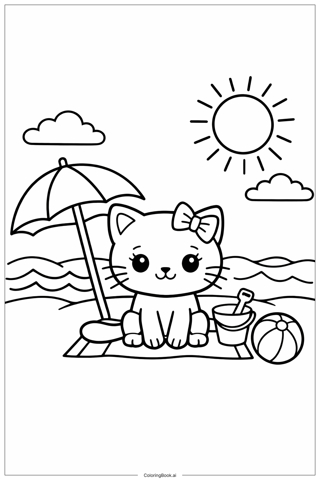  沙灘上的小貓咪著色頁 
