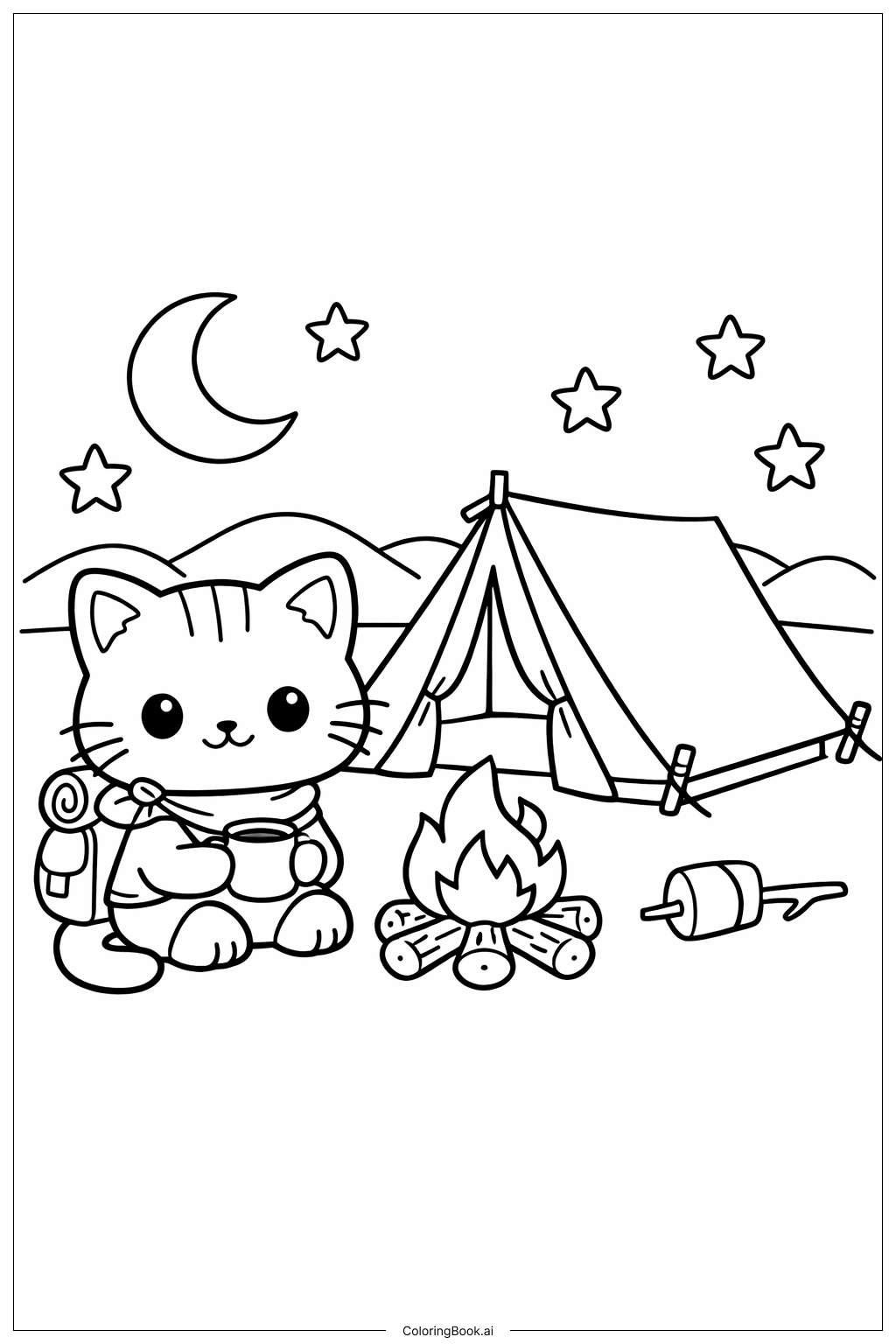  小猫露营夜晚填色页 