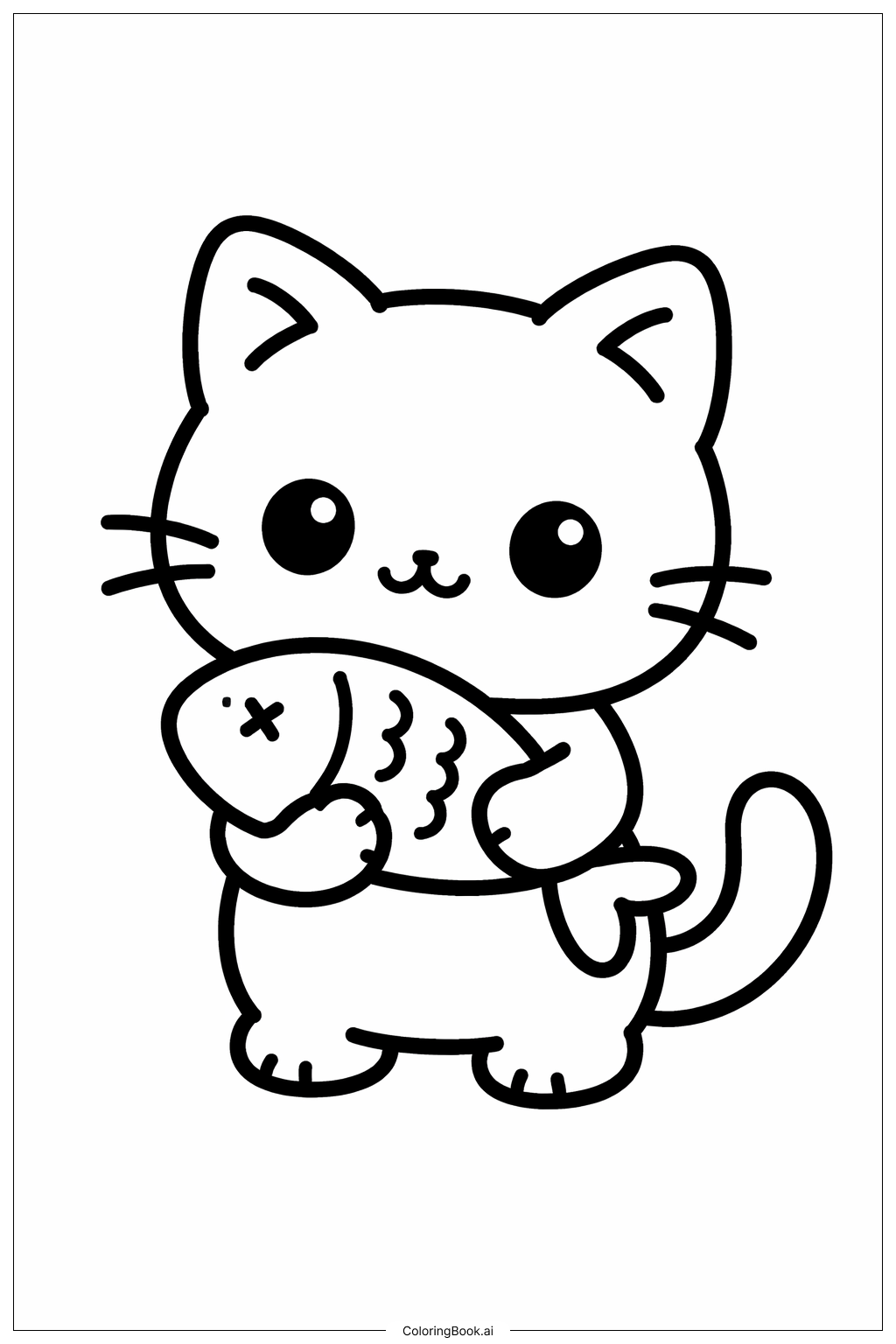  抱著魚的貓咪著色頁 