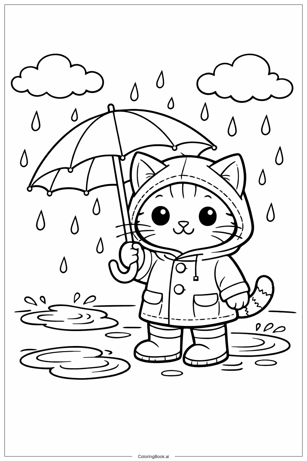  穿雨衣的小貓咪著色頁 