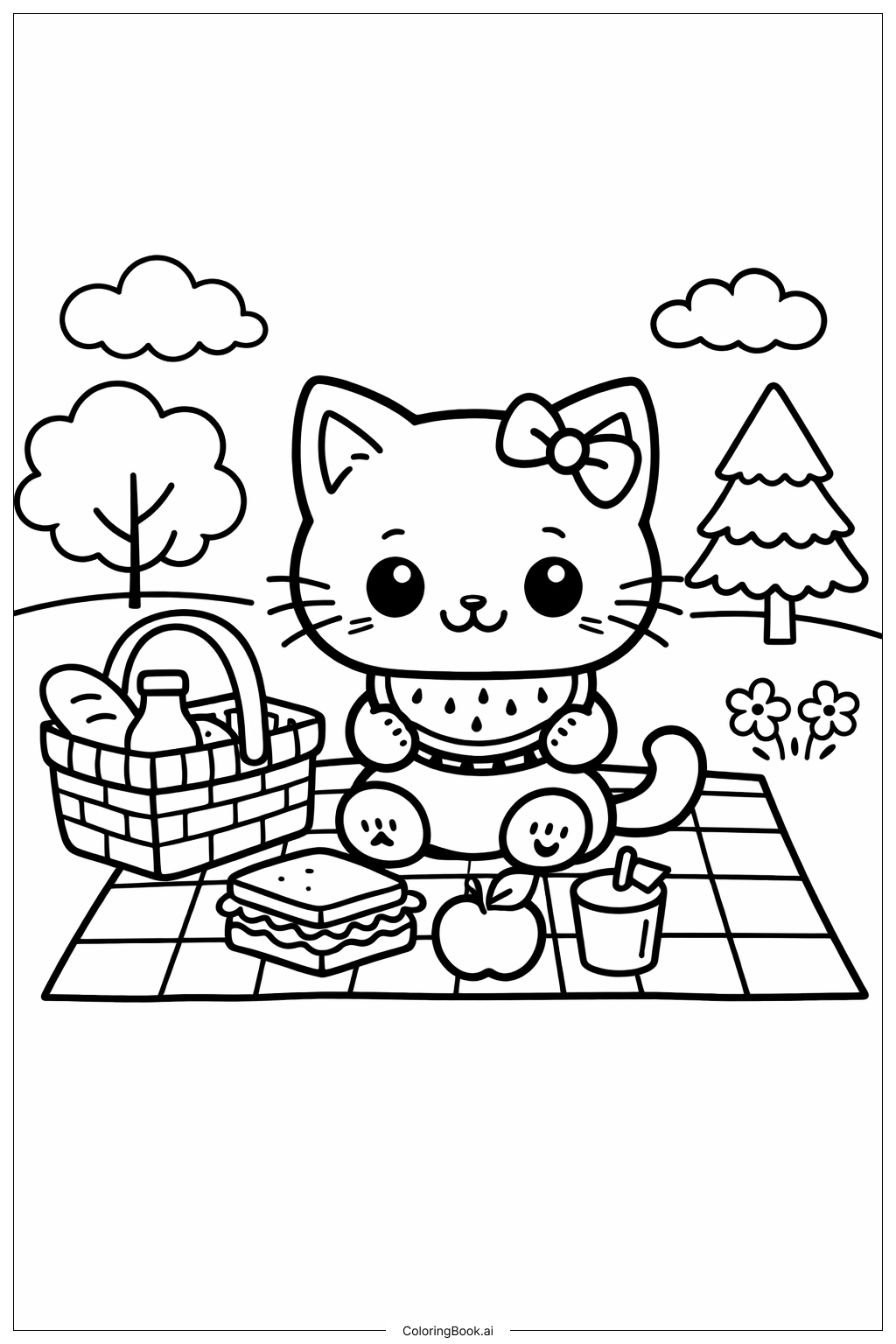  披毯野餐的可愛小貓著色頁 